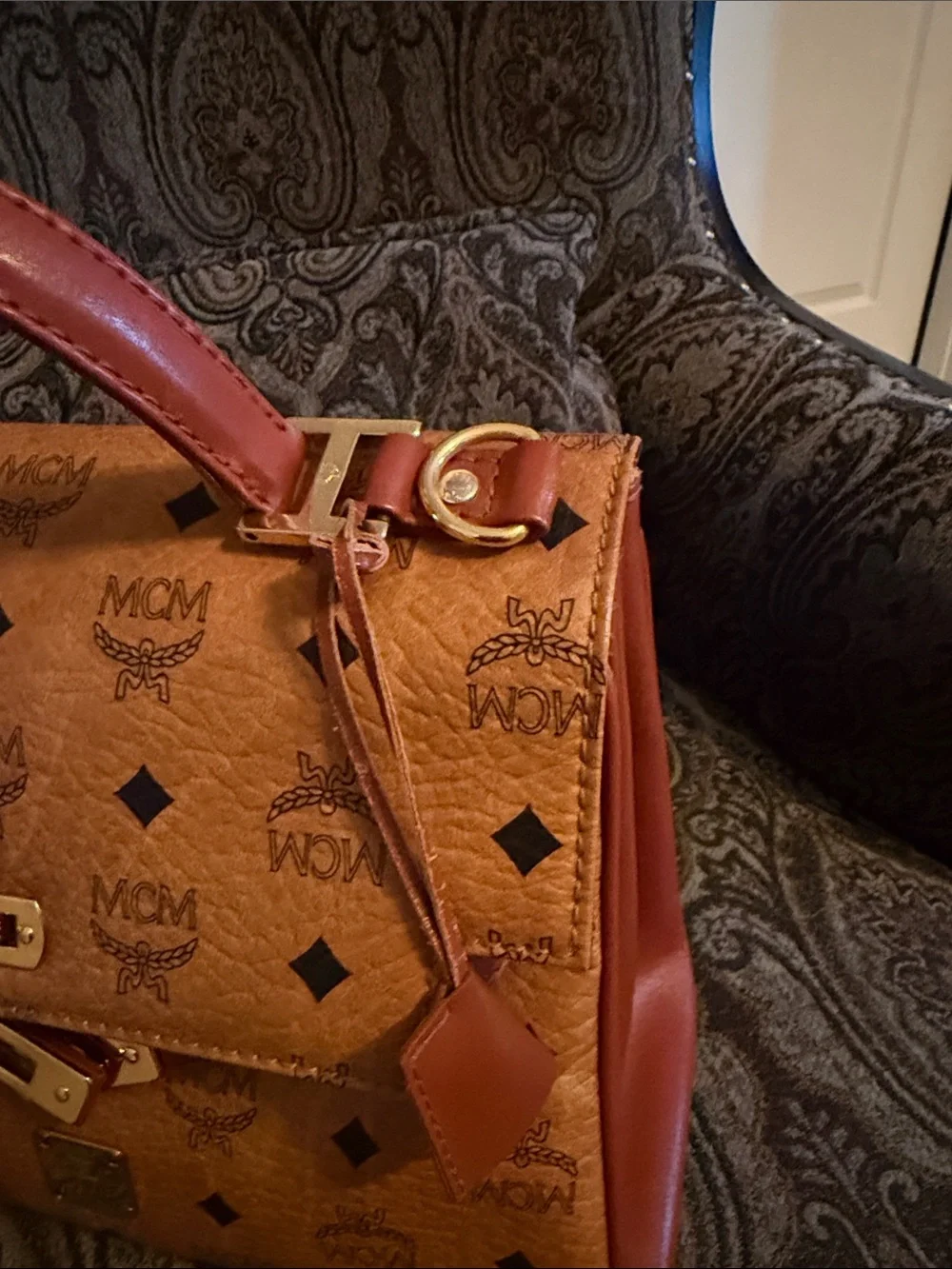 MCM Cognac Logo Visetos Top Handle Satchel with Gold Hardware